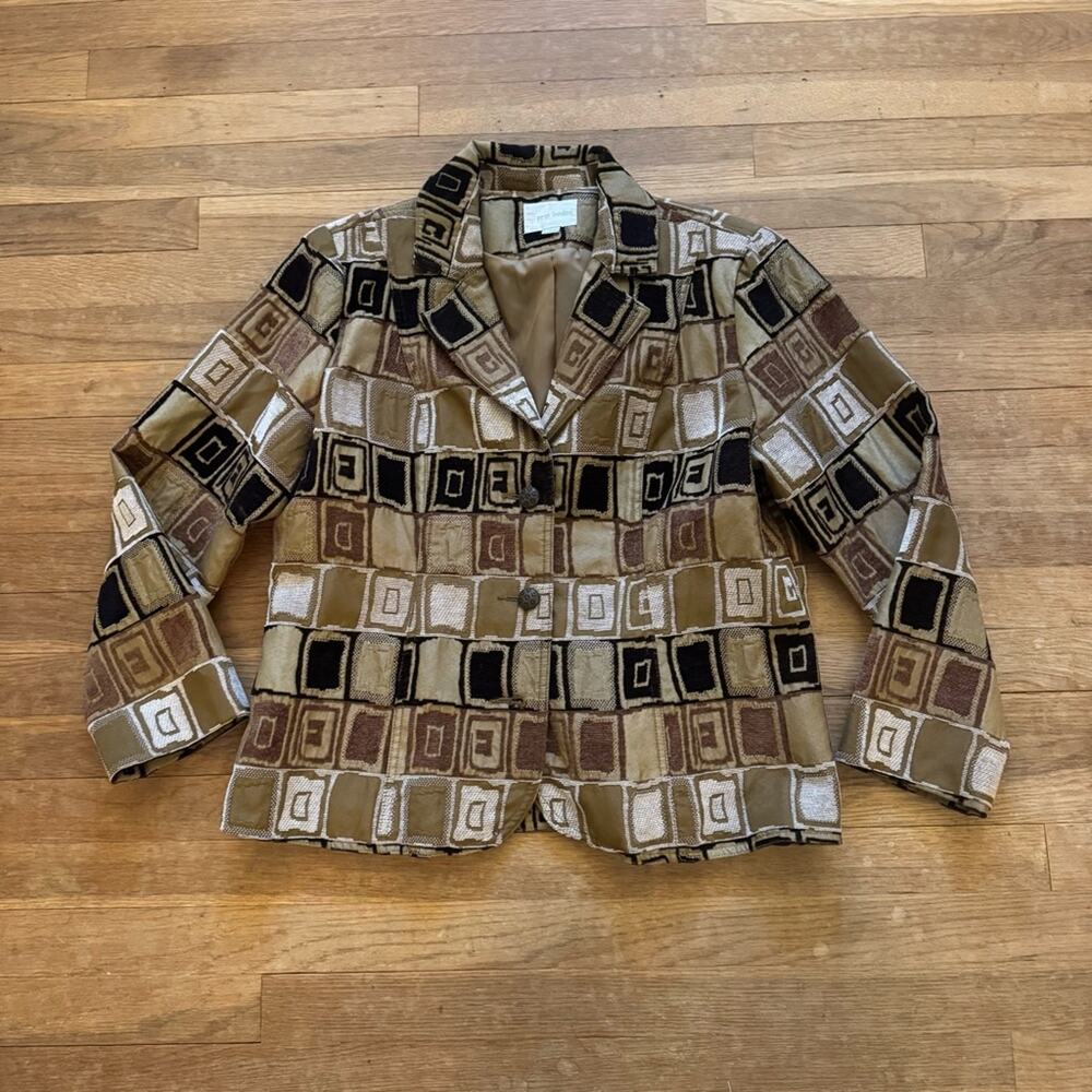 Erin London brown black geometric brocade woven two button blazer sz large
b40